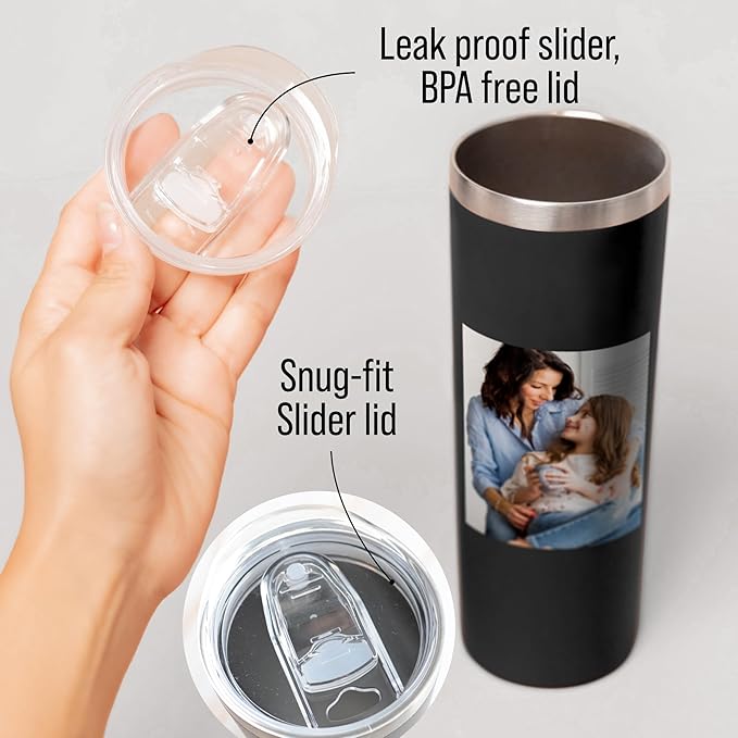 Custom photo tumbler with lids, personalized 20oz insulated drinking pictures thermal hot & cold beverages cups, skinny metal coated thermo gift for couples women & men, memorial, birthdays (Pictures)