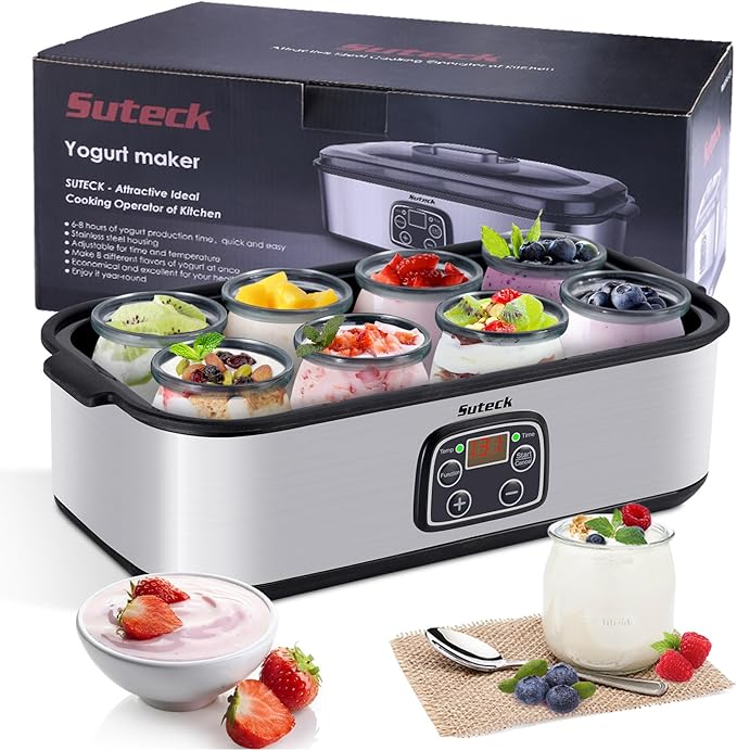 Yogurt Maker Automatic Digital Yoghurt Maker Machine with 8 Glass Jars 48 Ozs (6Oz Each Jar) LCD Display with Constant Temperature Control Stainless Steel Design for Home Use