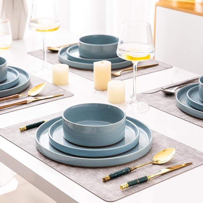 AmorArc Ceramic Dinnerware Set for 4 | Speckled Stoneware Plates and Bowls with unglazed terracotta | Scratch Resistant, Dishwasher & Microwave Safe Dishes Sets- 12-Pcs Blue