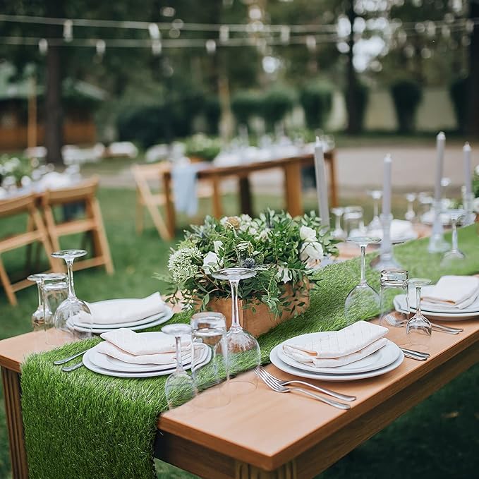 Aneco Artificial Grass Table Runners Carpet Roll Synthetic Grass Table Runner 14 x 48 Inch Grass Tabletop Decoration for Spring Fall Summer Holiday, Baby Shower, Wedding, Birthday, Banquet