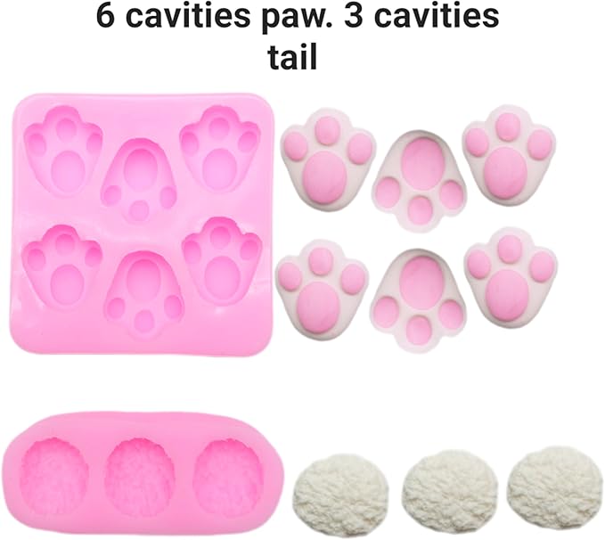 Bunny Paw and Tail Silicone Molds Bundle - Create Adorable Cake Balls, Cookie Decorations, and Cupcake Toppers with Ease (6 cavities paws 3 cavities tails Molds)