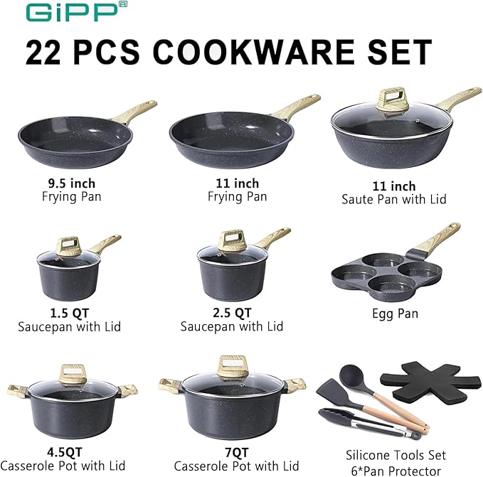 GIPP 22 Piece Pots and Pans Set No stick- Nonstick Ceramic Cookware Sets, Non-toxic Healthy Kitchen Cooking Set/Frying Pans Set, Dishwasher Safe, PFAS PTFE PFOA PFOS Free