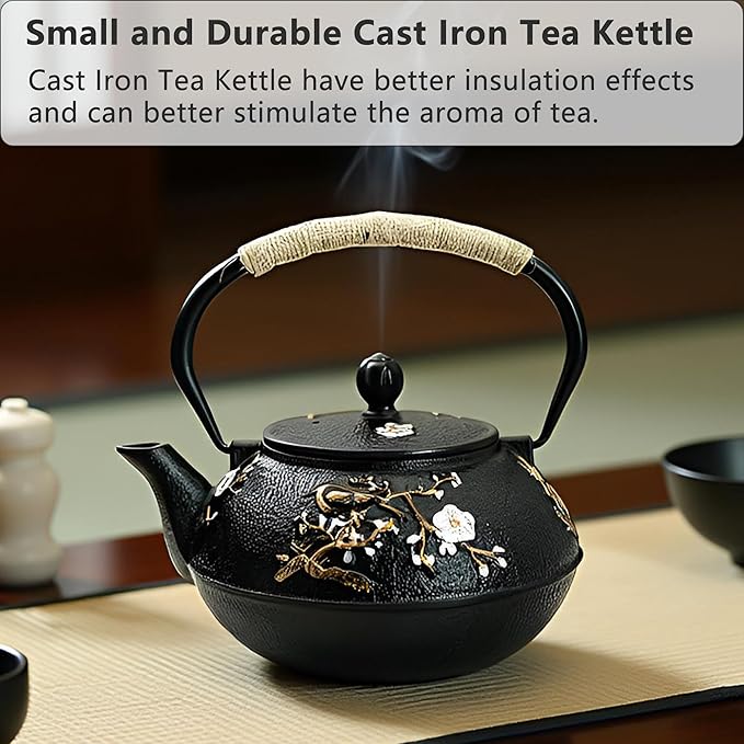 YJX 27oz Small Cast Iron Teapot for Stovetop, Japanese Tetsubin with Enamel, Beautiful Decorative Tea Pot, Durable Tea Kettle with Stainless Steel Infuser for Loose Tea(800ML)