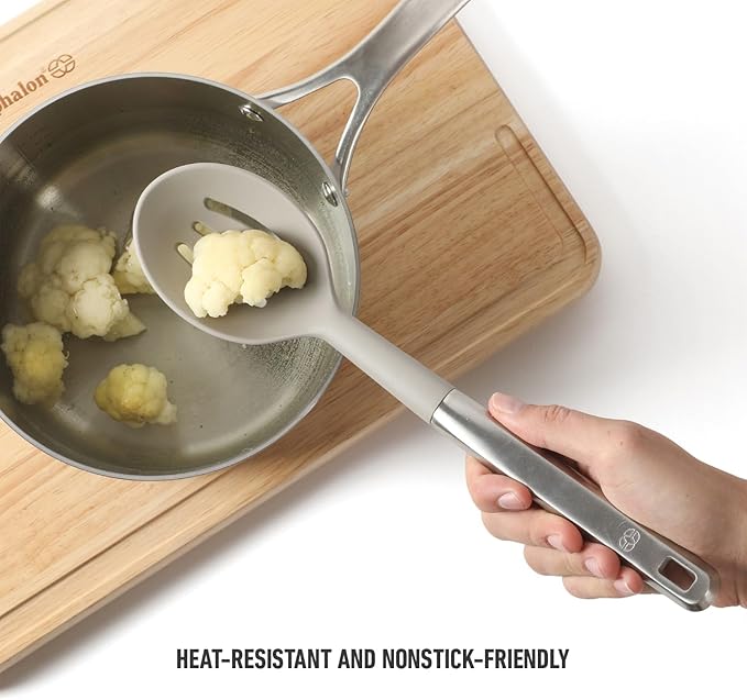 Calphalon Prime Stainless Steel Slotted Kitchen Spoon/Skimmer W/Taupe Silicone Head