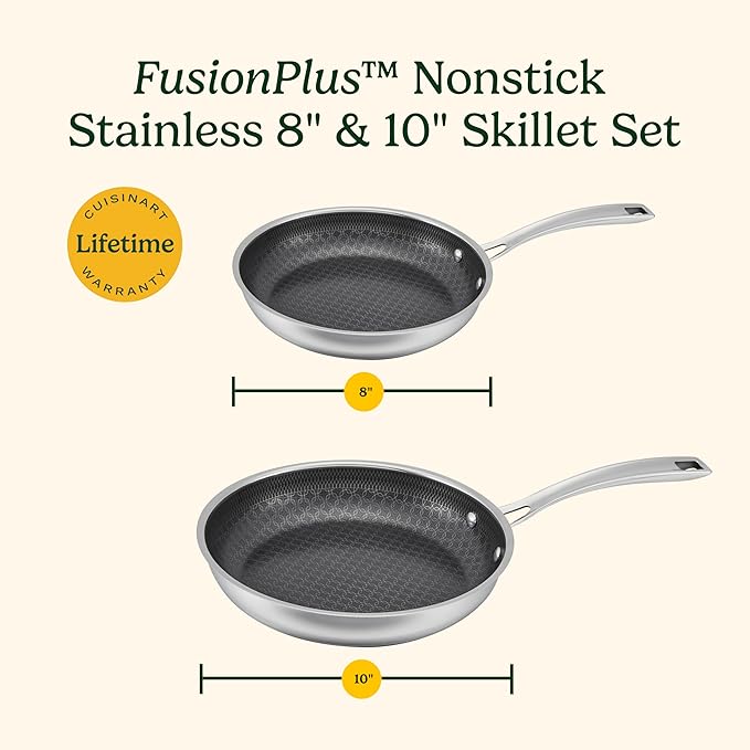 Cuisinart FusionPlus Nonstick Stainless Steel Cookware Set, 2-Piece Skillet Cooking Set with PFAS-Free PURELYSEAR Ceramic Non Stick Technology, Scratch Proof, Cool Grip Handles, Dishwasher Safe