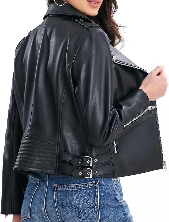 SILVER FASHIONS Lambskin Leather Jacket Women,Motorcycle Jacket,Asymmetrical Zip Style,Buckle Belts,Quilted Details