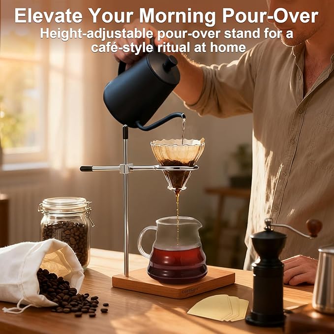 Pour Over Coffee Stand with Solid Cherry Base, Adjustable Coffee Dripper Stand, Wooden Brewing Station, Cone Holder, Elegant Gift for Brew Enthusiasts, Home Barista & Kitchen Décor