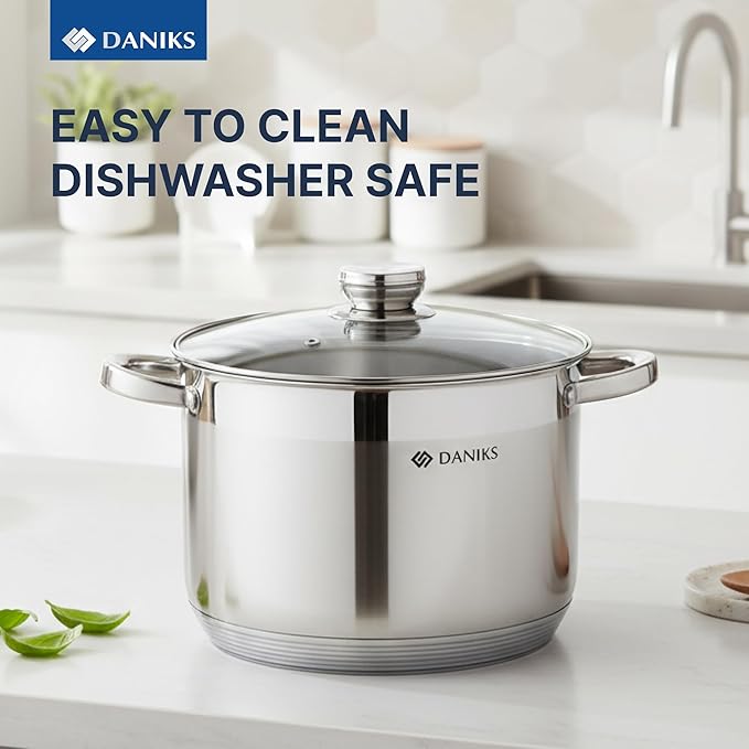 Daniks Standard 10 Quart Stainless Steel Stock Pot with Glass Lid, Tri-Ply Bottom for Even Heating, Induction Compatible, Dishwasher Safe, Built-In Measuring Scale, Silver