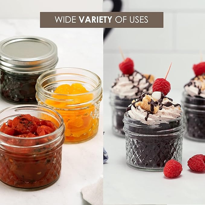 Ball Wide Mouth Quilted Crystal Jelly Jars with Lids and Bands, Used for Canning, Pickling, Juice, Jam, Jelly, Quarter Pint Size (4 Ounce (Pack of 2))