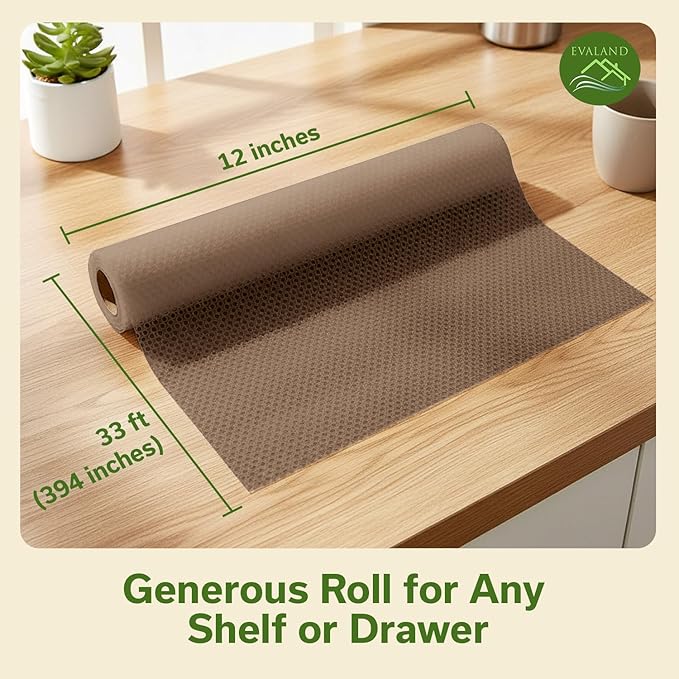 EVALAND Shelf Liners for Kitchen Cabinets Non-Adhesive 12" x 33 FT Beige Drawer Liner Non Slip, Washable Cabinet Liner, Waterproof Shelf Liners for Cabinets, Refrigerator Bathroom Pantry Cabinet Mat