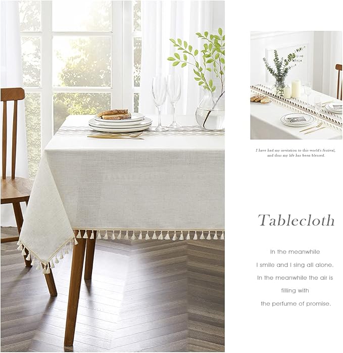 QIANQUHUI Embroidered Tablecloth for Dining Table,Dust Proof Spillproof Soil Resistant Cotton Linen Rectangle Table Cloths (Coffee Wheat, Rectangle/Oblong, 55'x102'', 8-10 Seats)
