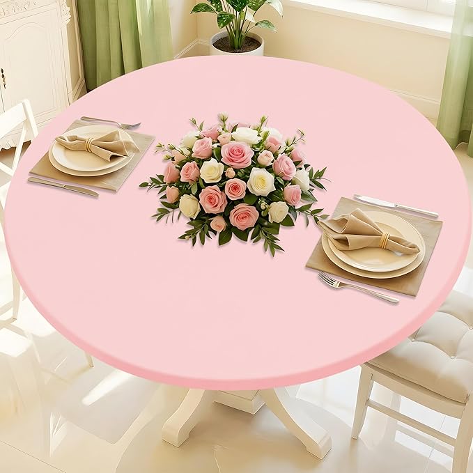 Round Spandex Valentines Day Tablecloth, Elastic Fitted Waterproof Tablecloths for 25"-30" Tables, Stretch Washable Picnic Table Cover for Camping, Dining, Indoor and Outdoor, Pink