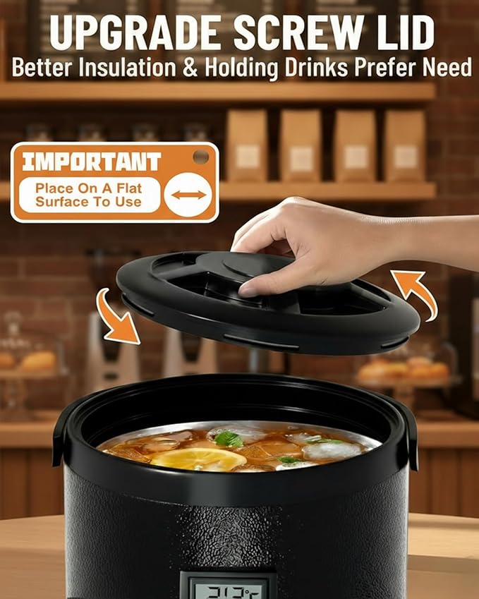 Thermal Beverage Dispenser - 8L/2.1Gal Black Stainless Steel, Single, LCD Thermometer, Triple-Layer Insulated, Non-Electric Hot & Cold Drink Dispenser for Coffee, Tea