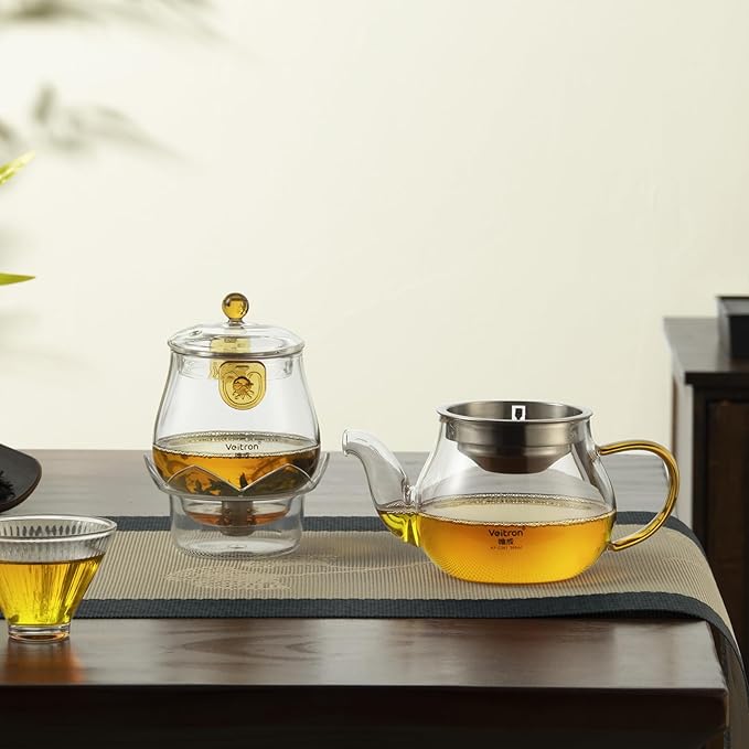 560ml (18.94 oz) Borosilicate Glass Teapot Set, 2-in-1 Gongfu Tea Brewer with Upper Brewing Pot and Lower Serving Kettle, Clear Teapot with Base for Blooming and Loose Leaf Tea