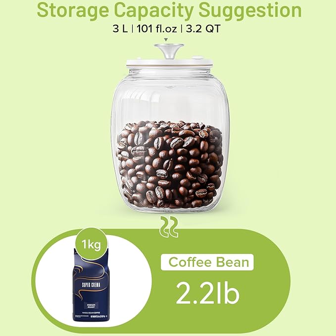 Secura VacGuard Fresh Canister, Electric Vacuum Canister, Smart Storage Container & Coffee Containers for Coffee Beans, Cookie & Pet Food 3 L, 101 oz