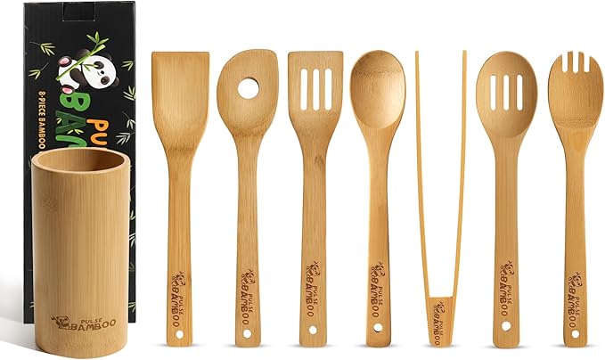 Bamboo 8-Piece Utensil Gift Set with Holder – Wooden Cooking Utensils for Kitchen, Non-Scratch Bamboo Spoons & Spatulas for Nonstick Cookware, Eco-Friendly, Housewarming & Everyday Use