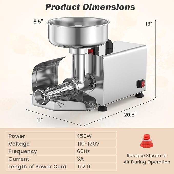 COSTWAY 450W Electric Tomato Strainer Machine, 110-120V Commercial Grade Stainless Steel Saucer Maker, 200-350 lbs/h Food Milling Machine for Strawberry Blueberry Jam