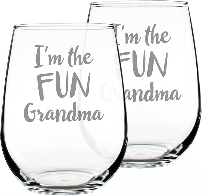 Bevvee Fun Grandma – Funny Stemless Wine Glass, Large 17 Ounce Size, Etched Sayings, Gift Box - Set of 2
