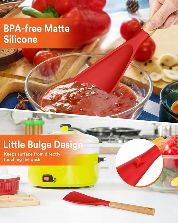 Multifunction Spoon for Nonstick Cookwares, Great for Cooking and Serving, Sturdy BPA-Free Matte Silicone, Wood Handle spoonula for Mixing, Scoop, and Scrape, Red(2 pack,11.4" & 13.4")