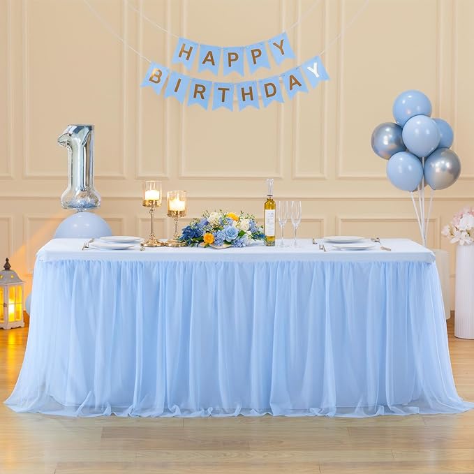 6 Pack 6ft Baby Blue Tulle Tablecloths for Rectangle Tables 72 x 30 Inch Rectangular Table Cloth Wrinkle Free Table Cover with Tutu Skirt for Baby Shower Birthday Party Banquet Buffet Cake Decorations