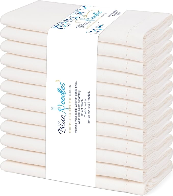 Blue Needles Set of 12 Hemstitch Linen Napkins 100% Cotton Cream Cloth Dinner Napkins 18x18 inches, Soft, Reusable, Absorbent, Washable, Ideal for Wedding Events, Parties & Everyday Use