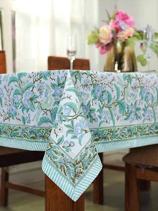 Ridhi Hand Block Print Sage Russian Green Rectangle Cotton Tablecloth 190" x 72" Reusable Table Cover Decorative Everyday Use for Dining, Farmhouse, Home Gift for Spring, Easter, Valentine