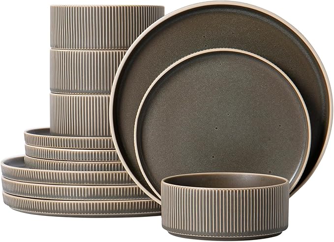Dinnerware Set Service for 4, 12-Piece Ceramic Plates and Bowls Set, Chip & Scratch Resistant, Microwave and Dishwasher Safe, Modern Minimalist Tableware for Everyday Use, Matte Green