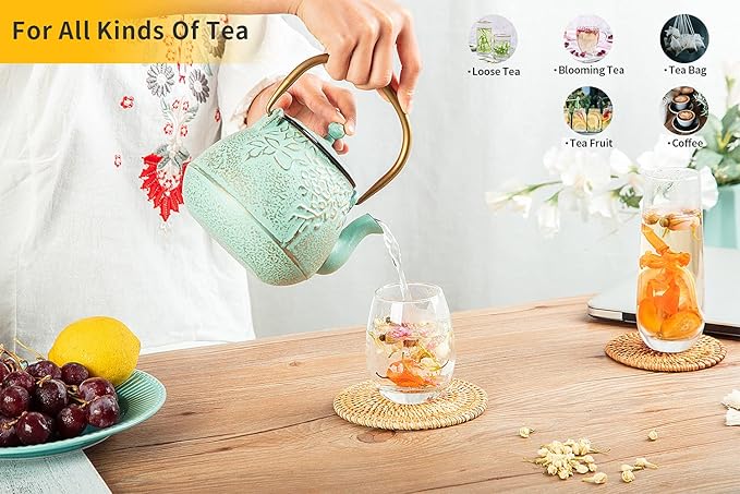 Tea Kettle, TOPTIER Japanese Cast Iron Teapot with Infuser for Loose Leaf and Tea Bags, Stovetop Safe Cast Iron Tea Kettle Coated with Enameled Interior for 40 oz (1200 ml), Light Green