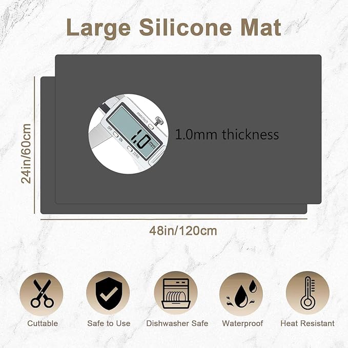48"x24"(120cmx60cm) Large Silicone Mat for Kitchen Counter, Heat Resistant Non-Slip Countertop Protector, Waterproof Silicone Craft Mat for Kitchen Island(2Pack, Light Gray)