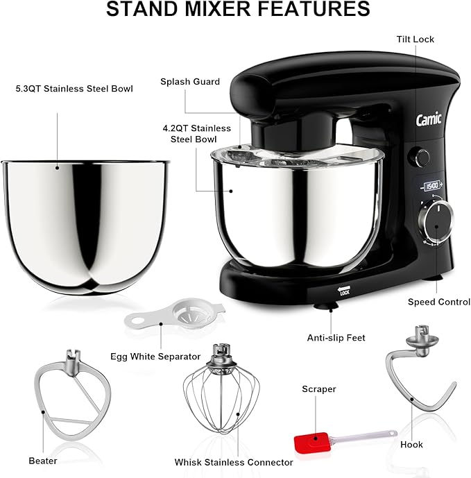 Camic Stand Mixer, 4.2QT+5.3QT Two bowls Electric Food Mixer, 10 Speeds with Digital setting 3-IN-1 Kitchen Mixer for Baking Cakes Cookie Bread Salad with Egg Whisk,Dough Hook,Flat Beater(Black)