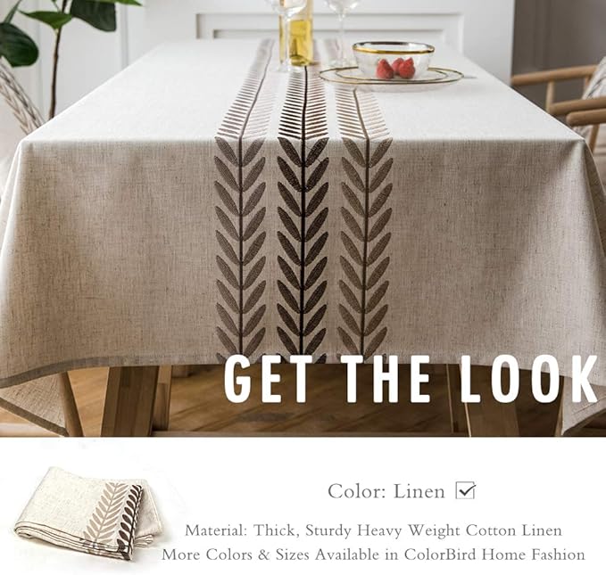 ColorBird Embroidery Leaf Tablecloth Heavy Weight Cotton Linen Fabric Dust-Proof Table Cover for Kitchen Dinning Tabletop Decoration (Rectangle/Oblong, 52 x 86 Inch, Linen)