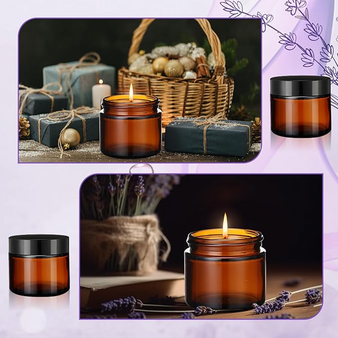 2 oz Glass Jars with Lids, Clear Candle Jars with Black Lids Round Empty Candles Container Tins for Candle Making Storing Lotions Spice Powder Liquid Sample Makeup (24, Amber)