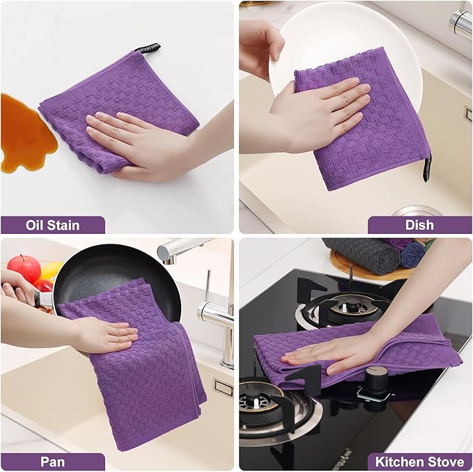 Homaxy 100% Cotton Kitchen Towels and Dishcloths Set, 12 x 12 & 15 x 25 Inches, Set of 8 Bulk Terry Cloth Dish Towels, Super Soft and Absorbent Hand Towel with Hanging Loop, Purple