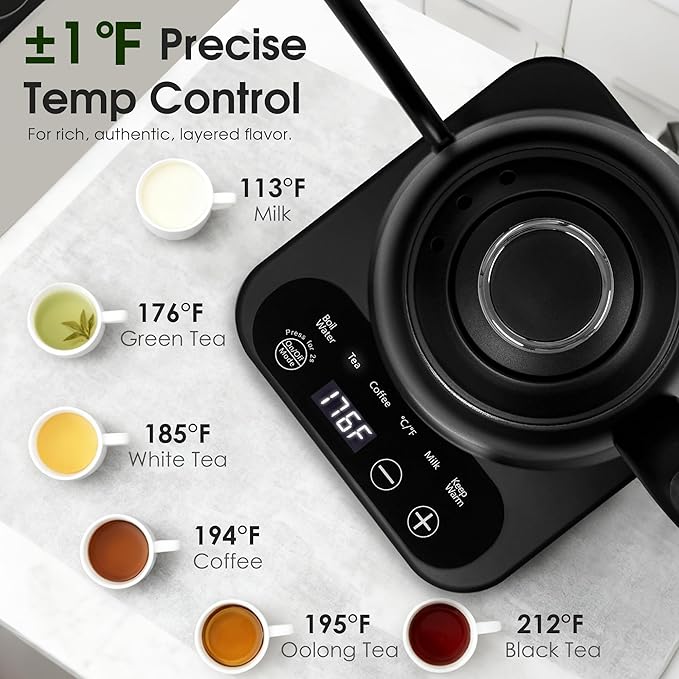Gooseneck Electric Kettle Temperature Control: ±1℉ Precise Target & Keep Warm, Quick Heating 316L Stainless Steel Electric Kettles for Boiling Water, Pour Over Coffee, Brew Tea & Milk, 1000W/0.8L