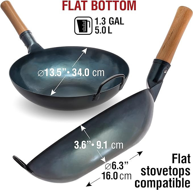 YOSUKATA 13.5” Blue Carbon Steel Wok Pan + 17’’ Spatula and Ladle + Premium Wok Cover 13.5 inch Pan Lid