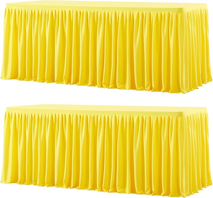 Wish Care 2 Pack Yellow Rectangle Table Clothes for 4 Foot Tables, Polyester Fitted Tablecloths 4ft Stretch Table Cover for Wedding, Birthday, Parties, Trade Show, Craft Show