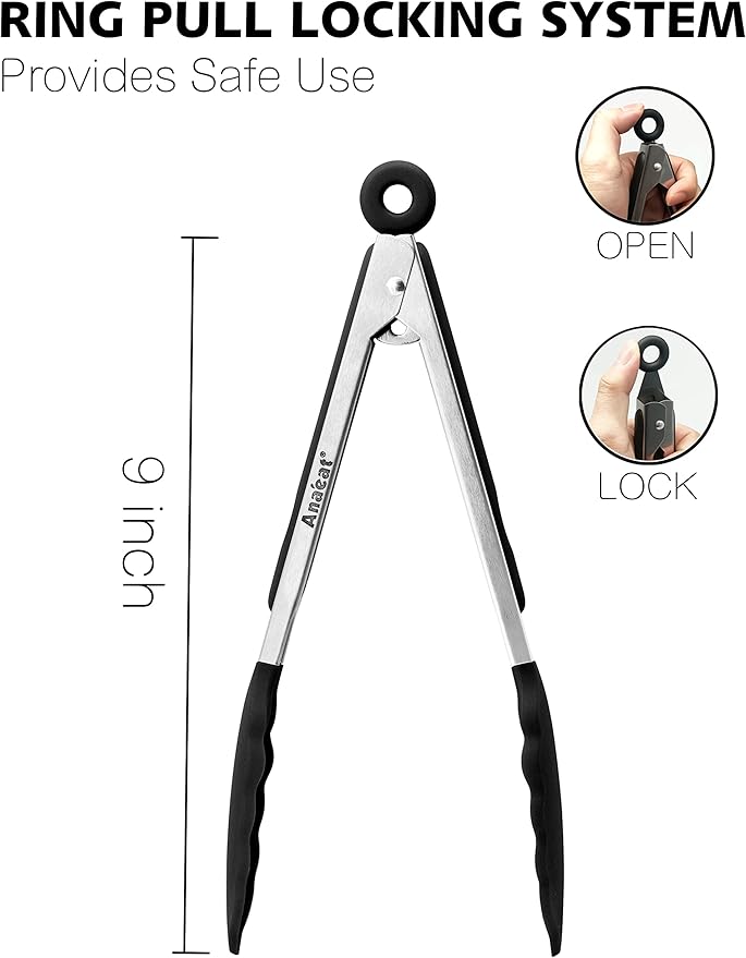 Anaeat Non-Stick Silicone Locking Tong - Stainless Steel 9" Kitchen Food Tongs with Non-Slip Silicone Tips and Grip for Cooking, Baking and BBQ - Heat Resistant up to 480°F (Black)