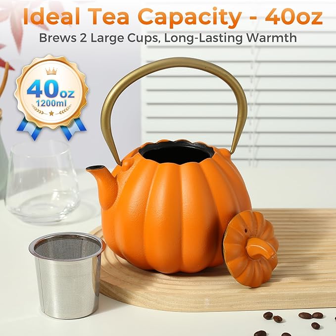Orange Pumpkin Cast Iron Teapot with Infuser - 40oz Japanese Iron Tea Kettle with Enamel Interior, Cute Halloween Teapot for Loose Tea & Coffee, Stainless Steel Filter, Stove Safe (Orange)