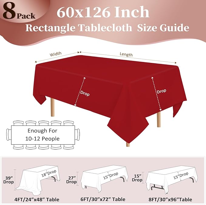 8 Pack Red Tablecloth 60x126 Inch Rectangle Tablecloths for 8 Foot Rectangle Tables, Table Cloth Washable Polyester Fabric Rectangular Table Cover for Dining Banquet Wedding Party