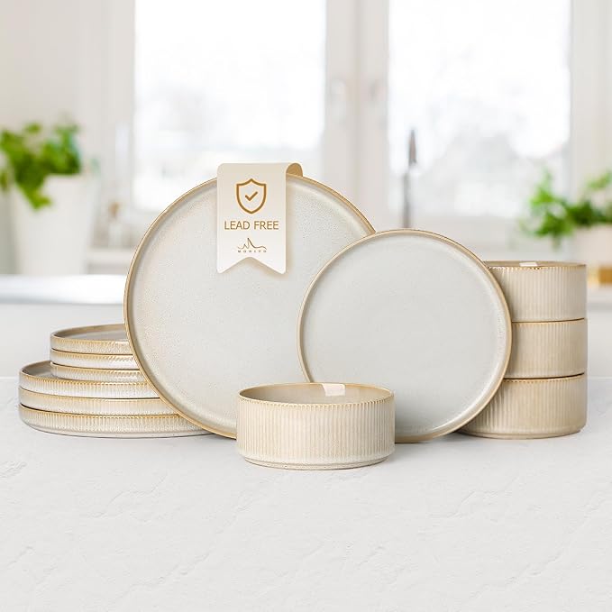 MONITO 12PCS Stoneware Plates and Bowls Sets, Ceramic Dinnerware Sets for 4, Reactive Glaze Dish Set, Chip and Scratch Resistant Double, Microwave and Dishwasher Safe, Beige