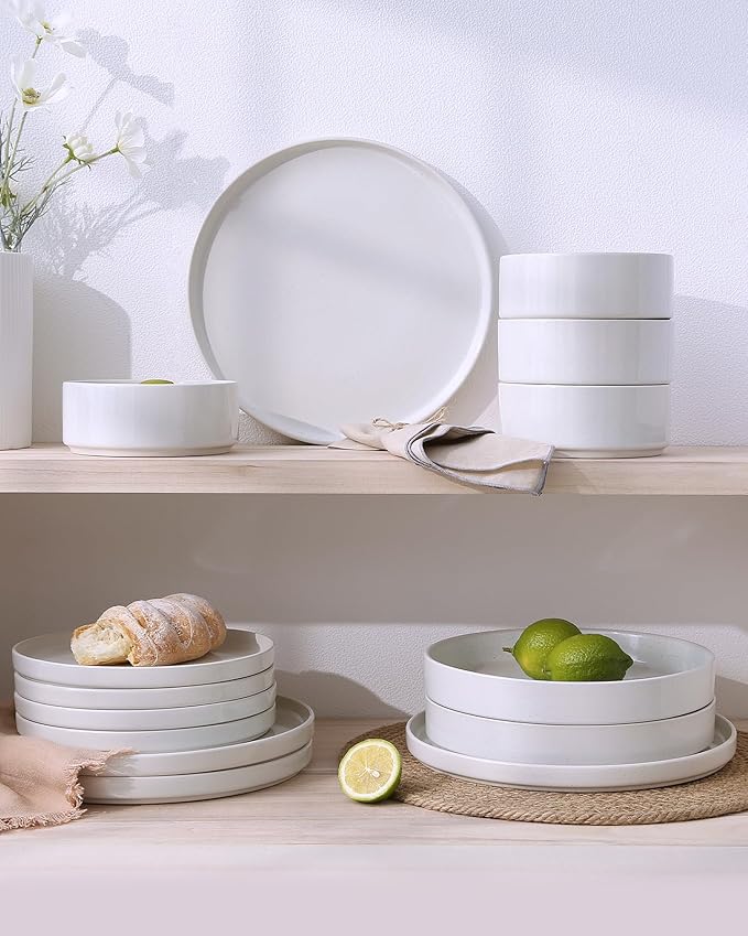 Famiware Nebula Dinnerware Sets with Pasta Bowls, Service for 6 (24 Pieces), Fine Stoneware Plates and Bowls Sets, Microwave and Dishwasher Safe Dishes Set, White