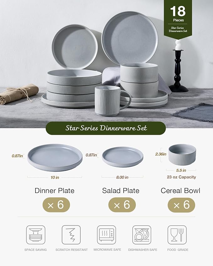 Famiware Star Dinnerware Set, Plates and Bowls Sets for 6 (18pcs), Ribbed Stoneware Dishes - Chip & Scratch Resistant, Microwave & Dishwasher Safe Kitchenware, Matte Gray