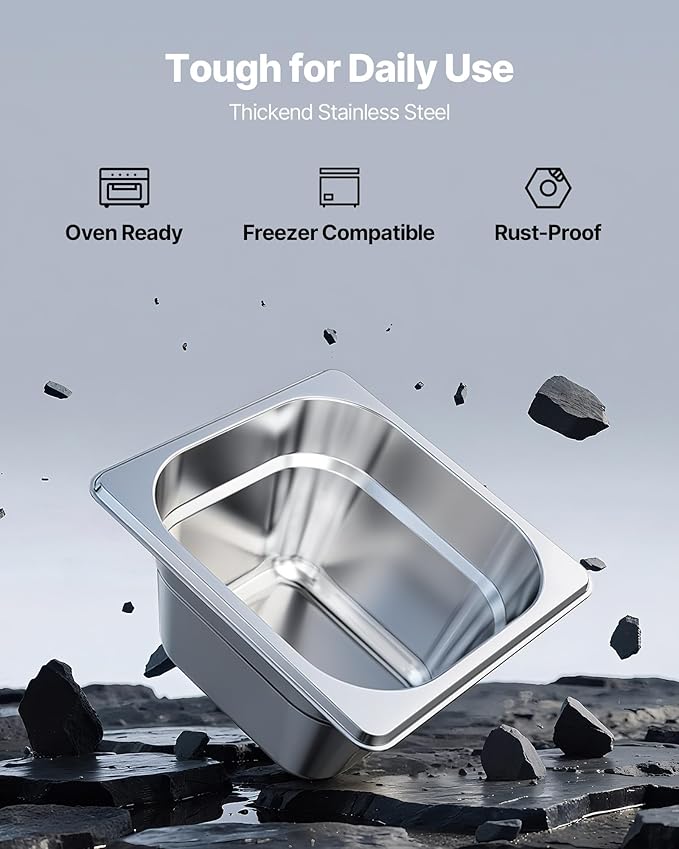 VEVOR 6 Pack Stainless Steam Hotel Pans, 1/6 Size Table Steam Pan, 4 Inch Deep, Anti Jam Restaurant Supplies Reusable Rustproof Catering Storage for Home, Party, Restaurant, Hotel, Buffet