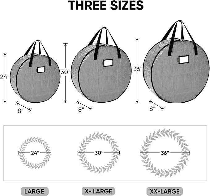 BALEINE Wreath Storage Container, 2 Pack Christmas Wreath Storage Bag with Tear Resistant PE Material and Reinforced Handle for Holiday Xmas (Grey, 24"x8")