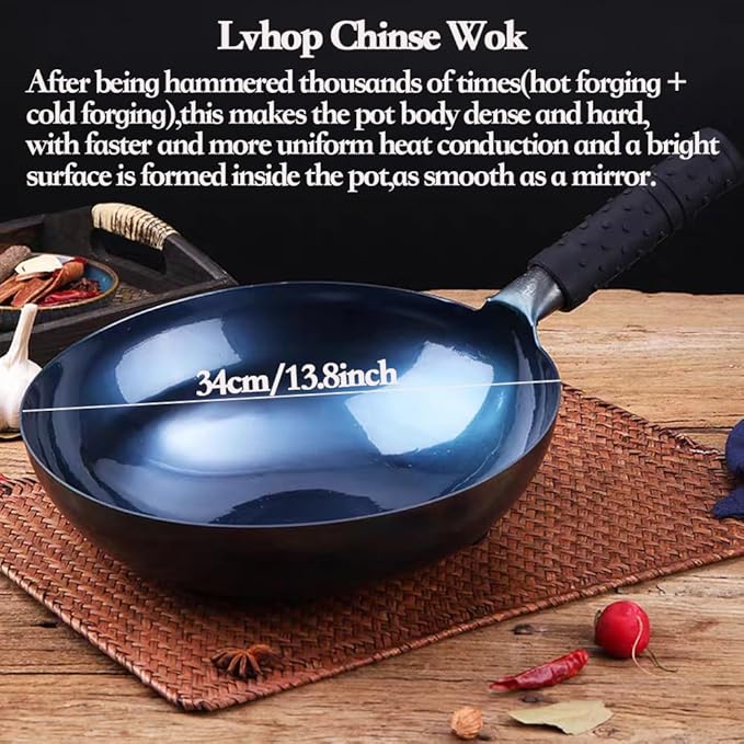 iron wok with lid,13.8 inch woks & stir-fry pans nonstick,chinese traditional pans for open fire,large cookwares,cooking,bbq,grill,camping,blue pre-seasoned round bottom wok (34cm)