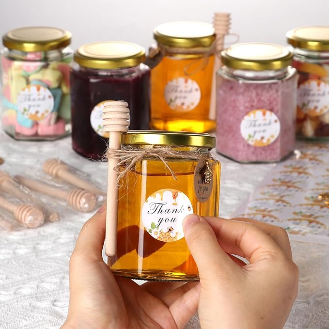 AuroTrends 9oz Honey Jars with Dipper 6Pack, 270ML Small Glass Jars with Lids -Small Canning Jars with Wooden Dippers/Bee Charms/Stickers/Jute Twine (9fl.oz-6Pack)