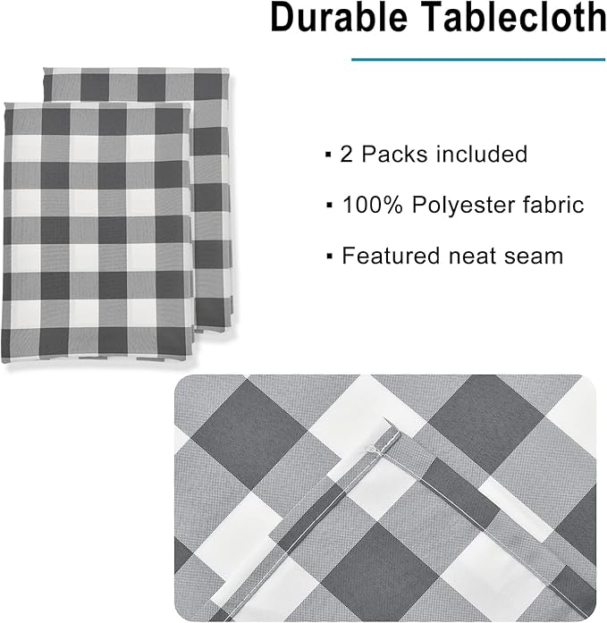 Hiasan Buffalo Plaid Tablecloth Waterproof, 2 Pack, 60 x 102 inch - Checkered Table Cloth Rectangle for Outdoor Picnic/Party/Dining, Grey and White Gingham Pattern