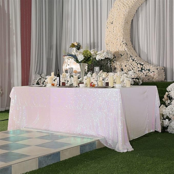 Eternal Beauty White Iridescent Tablecloth, 90x156 Inch Sequin Rectangle Table Cover for Cake Dessert Exhibition Party Birthday Events