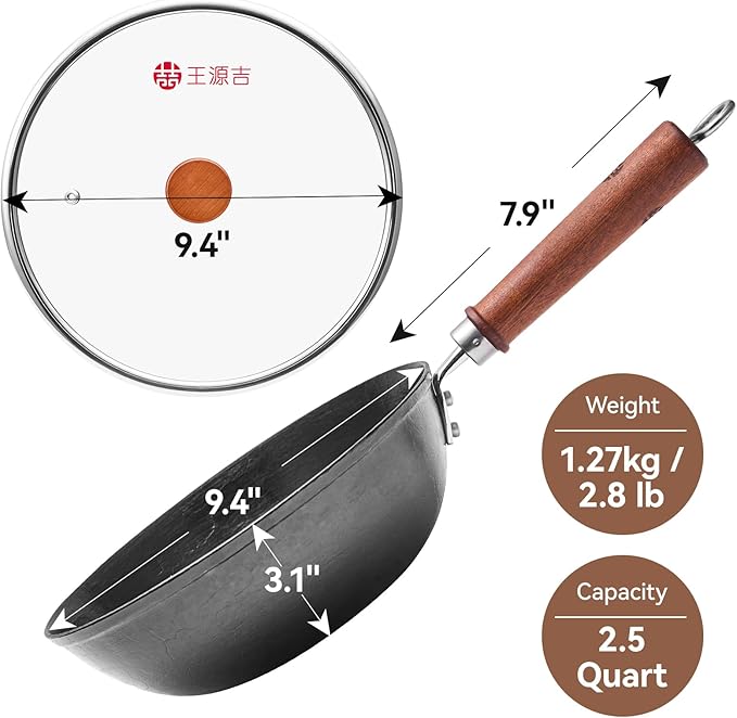 WANGYUANJI 9.5 Inch Cast Iron Wok with Glass Lid – Small Flat Bottom Stir Fry Pan with Wooden Handle, Non-Coated Cookware for Gas & Open Flame