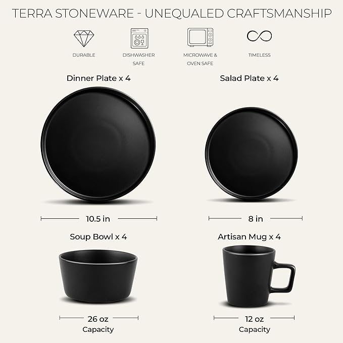 Zulay Kitchen Terra Plates and Bowls Sets, 16 Piece Modern Stoneware Dish Set for 4, Chip and Scratch Resistant Ceramic Dinnerware Set, Microwave and Dishwasher Safe, Matte Black